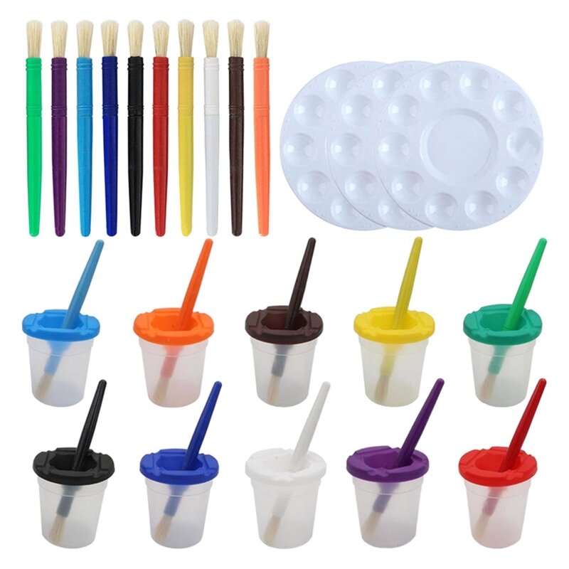 23Pcs Plastic Watercolor Brush with Paintbrush Cleaning Cups Palettes Portable Kid Art Set for Watercolor Painting
