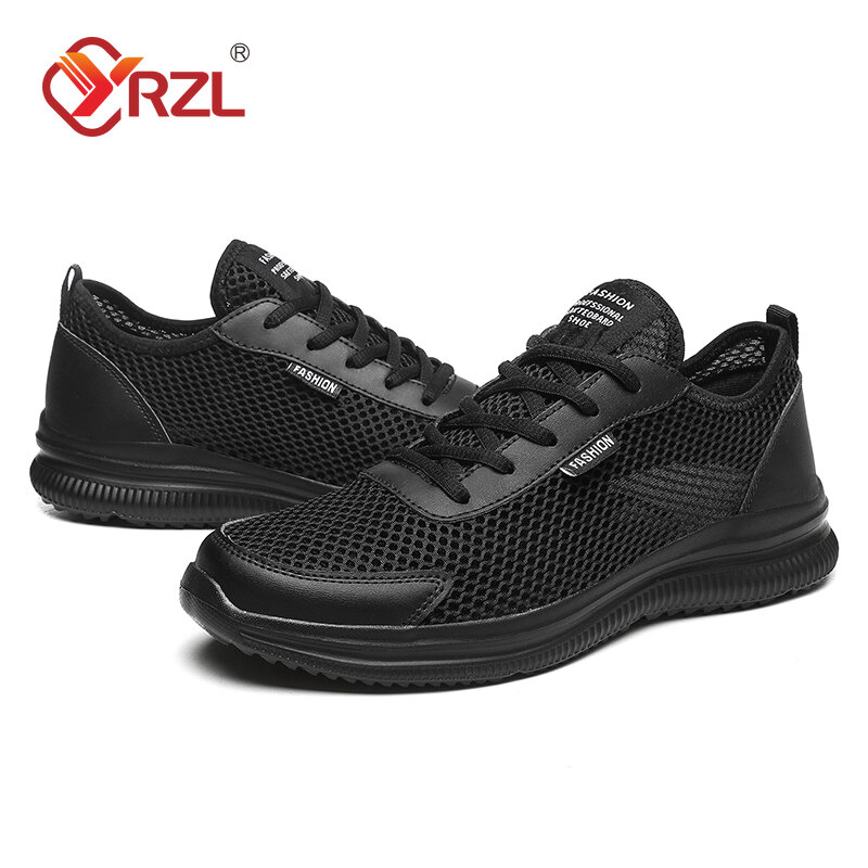 YRZL sepatu olahraga pria, sneaker jala berlari nyaman luar ruangan, ringan bernapas