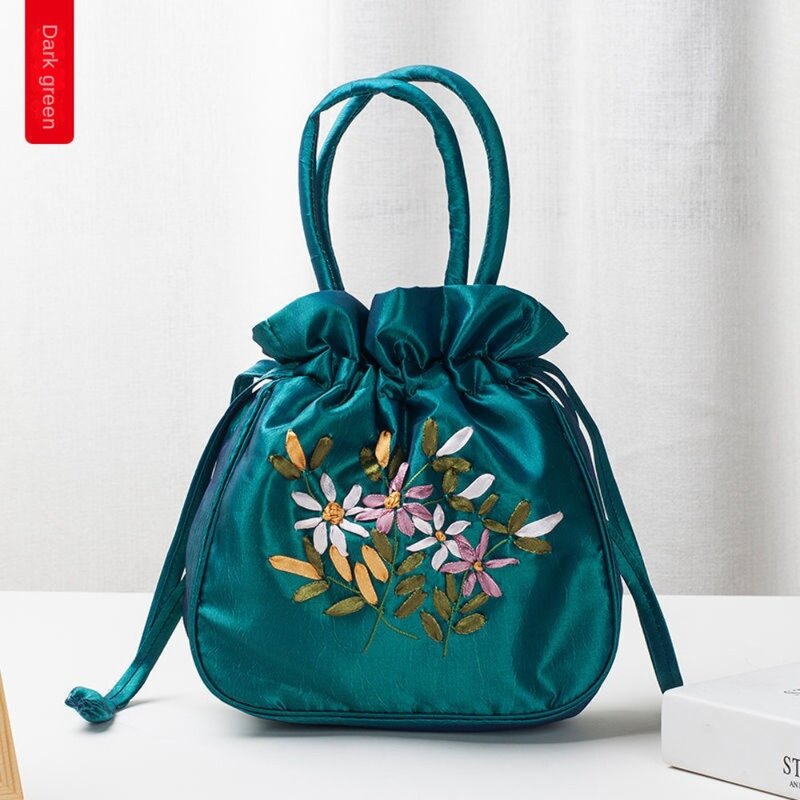 Mała damska torebka wiadro górny uchwyt torebka damska torba na telefon letnia torebka w stylu narodowym haftowany kwiat wzór torba ze sznurkiem