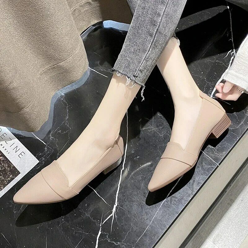 Остроносые женские туфли на толстом каблуке Новинка весна-осень 2024 универсальные рабочие туфли с низким вырезом и мягкой подошвой на низком каблуке