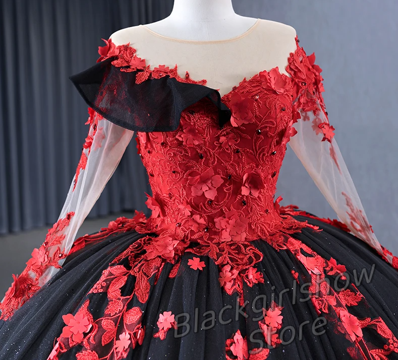 Vestidos De 15 años Chapel Train Red Black Luxurious Elegant Shiny Floral Applique Long Sleeve Lace Hem Vestidos De 15