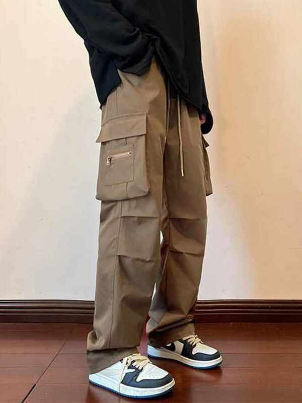 Cargo Pants Men Solid Pockets Autumn Drawstring Full Length Casual Loose All-match Fashion Daily Comfortable Chic Trousers 