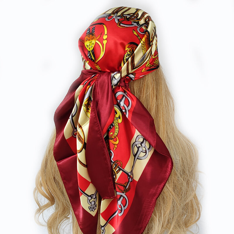 2022 90X90CM moda chustka satyna jedwabna szalik kobiety drukuj hidżab kobiet kwadratowych szale okłady urząd Lady tłumik bandanna