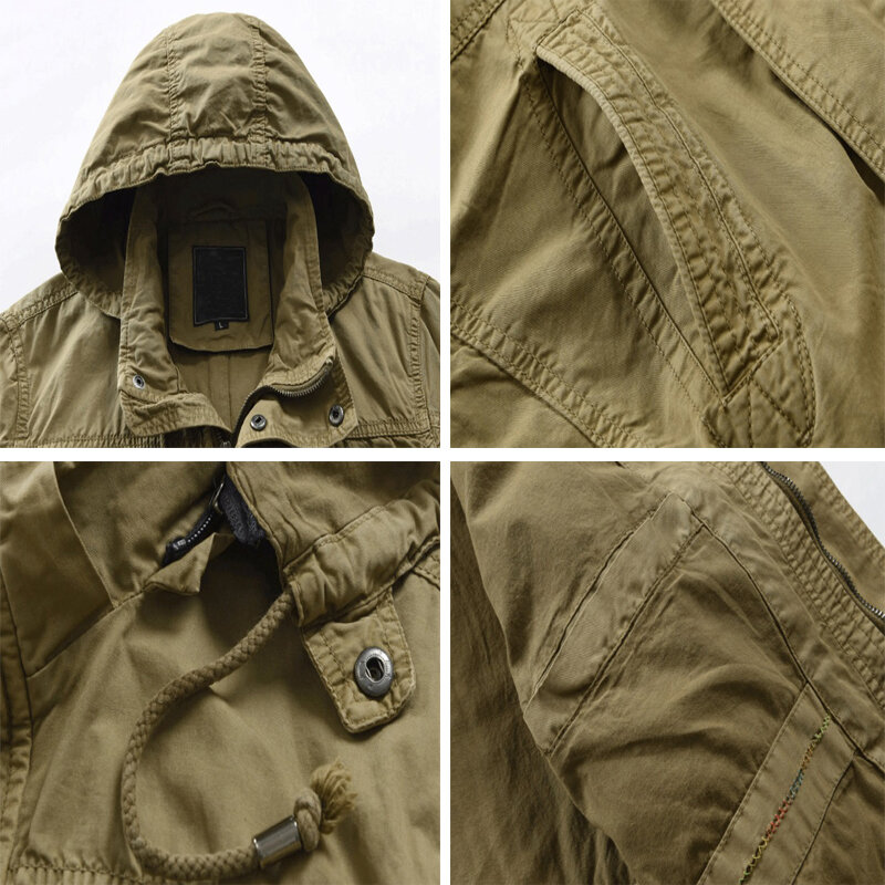 Men's Autumn Winter Bomber Jacket Casual Male Army Military Coats Fashion Outwear Slim Fit Mid-Long Hooded Windbreaker Jackets