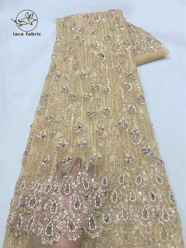 Tela de encaje con cuentas hechas a mano para novia francesa, tela de tul con lentejuelas nigerianas de lujo, exquisita, para bricolaje y boda