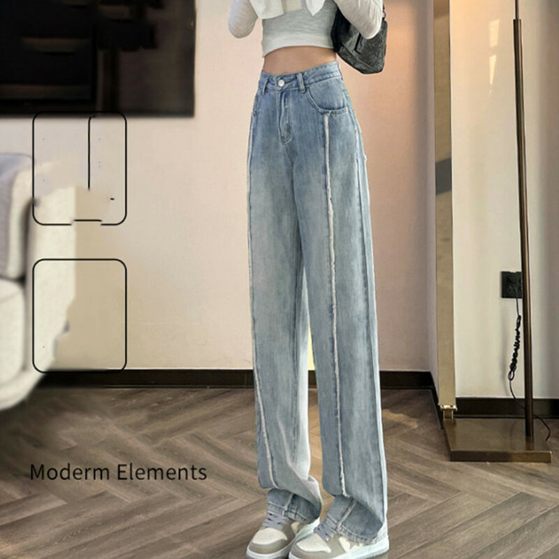 Jean Taille Haute Amincissant à Jambes Droites et Larges pour Femme, Pantalon Design à la Mode, Nouvelle Collection Printemps Automne 2024