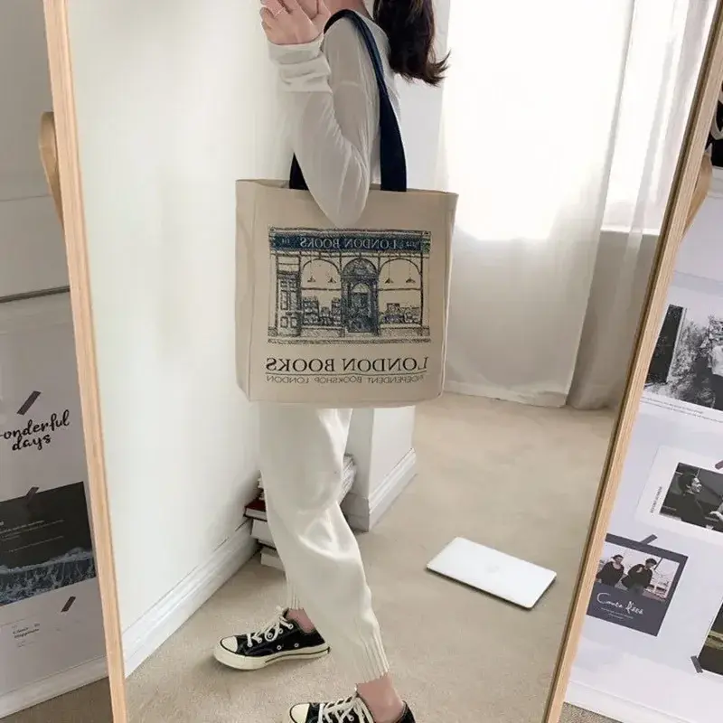 Bba170 Frauen Leinwand Umhängetasche London Bücher drucken Damen lässig Handtasche Einkaufstasche wieder verwendbare große Kapazität Baumwolle