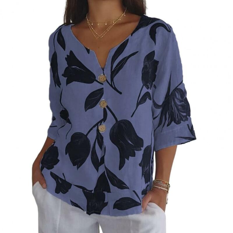 Blusa em folha impressa com decote em v para mulheres, camisa de manga 3/4, blusa retrô, cor contrastante, macia