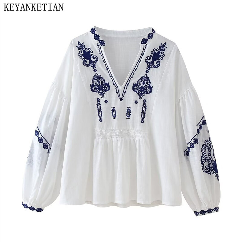 KEYANKETIAN 2024 New Launch Bohemian Holiday wind Embroidery Decoration Shirt Women's Lantern Sleeve Pullover Loose Blouses Top