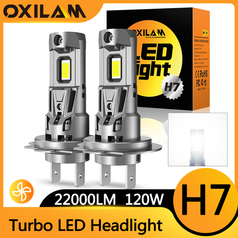 Oxilam 2ชิ้น120W หลอดไฟ LED เทอร์โบไฟหน้า6500K 22000LM 12V CSP พลังสูงระบายอากาศได้ดีที่สุด H7ดี H7มินิ