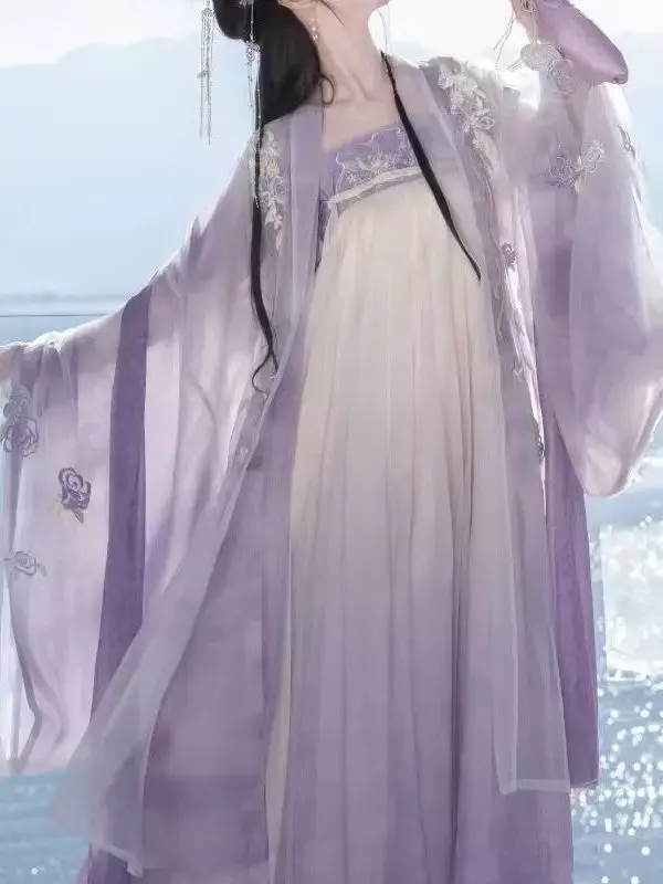 النمط الصيني Hanfu زي للنساء ، Ru تنورة ، قميص كم كبير ، والتطريز الأرجواني ، مجموعة اليومية ، تأثيري ، جين سلالة