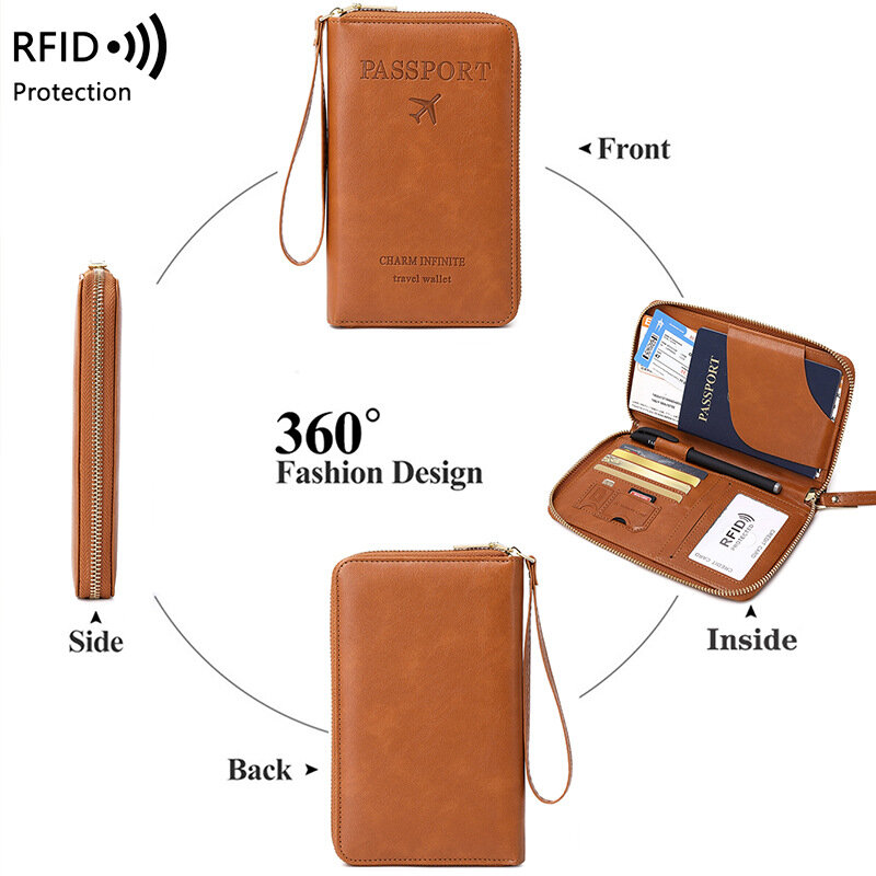 New Leather Passport Cover RFID Blocking Card Holder Zipper Wallet Travel Essentials Phone Bag International Travel Accessories