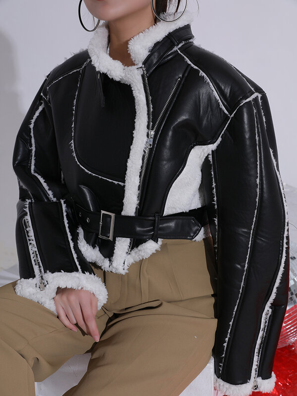 2023 턴다운 칼라 긴팔 PU 가죽 플로킹 허리 재킷, 여성 코트, 타이드 웜 WT418, 가을 겨울 신상