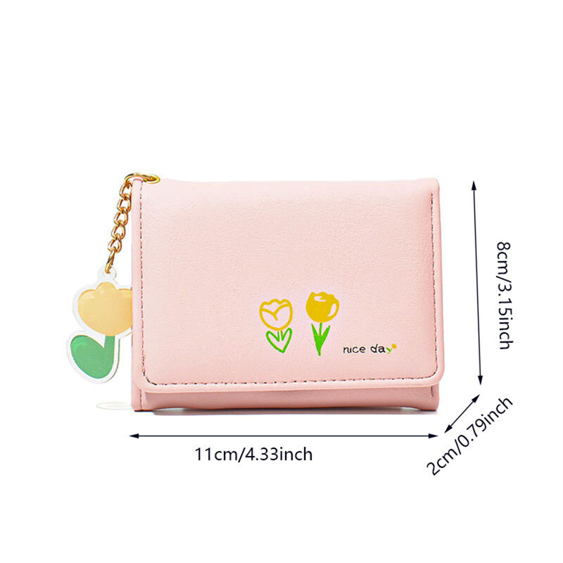 Bolsa curta com corrente para mulheres, padrão de tulipa, carteira multi-slots, bolsa compacta, moda feminina