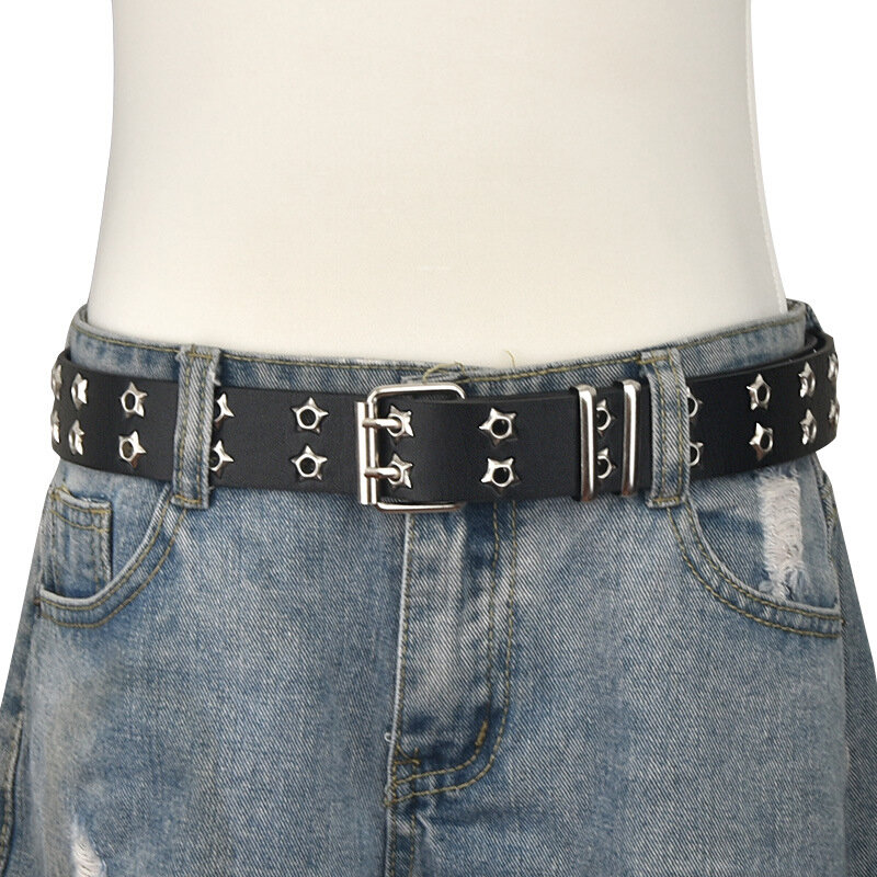 Cintura de couro PU Hollow Out para mulheres, cinto de rebite Star Eye, ilhó duplo, alça de cintura, moda jeans decorativa, 2023