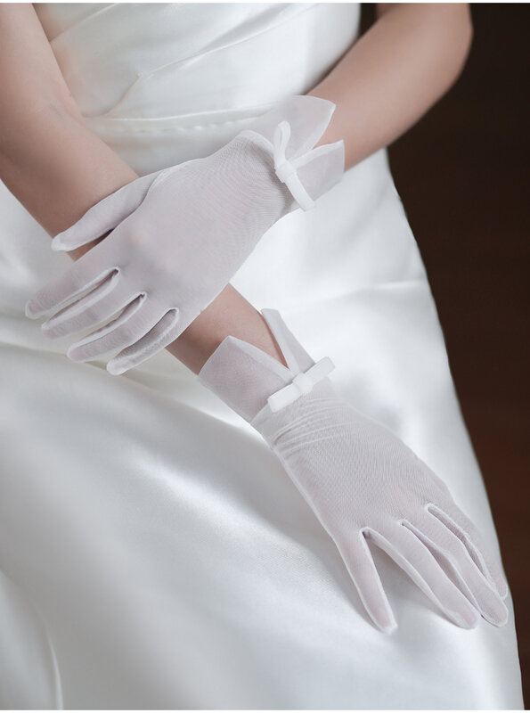 Gants de poignet en tulle blanc pour femmes, gants avec nœud, mariage, mariées, demoiselle d'honneur, tea party
