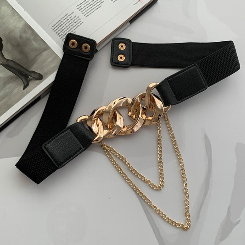 Cintura elástica feminina couro falso corrente cinto para terno casaco vestidos elástico cinto decoração cintura
