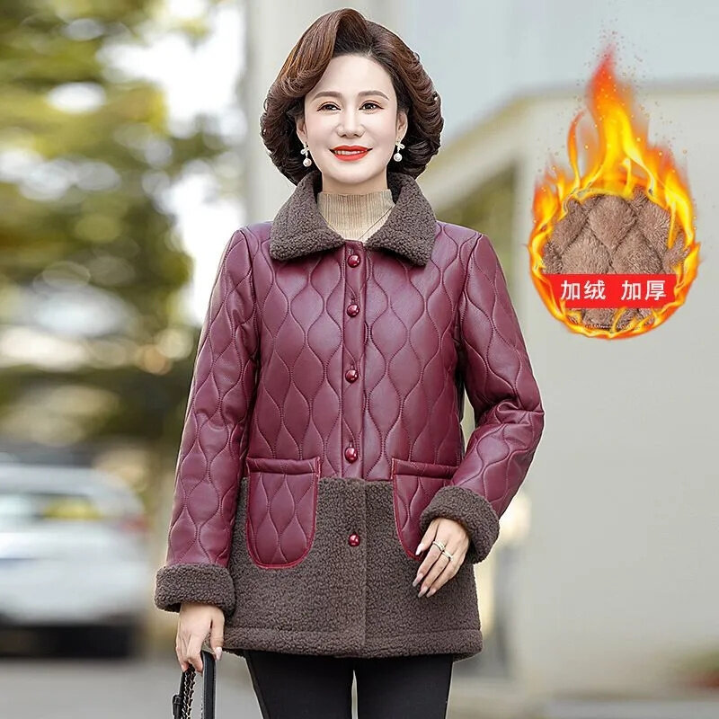 Middle-Aged Mother Winter Clothes Plus Velvet PU Leather Stitching Coat Women's New Fashion Jacket Granular Velvet Warm Coat