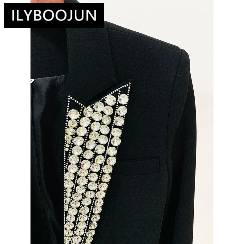 ILYBOOJUN-blazer feminino com strass e contas, diamantes e strass, blazer com botão único, jaqueta de grife, moda mais nova, 2024