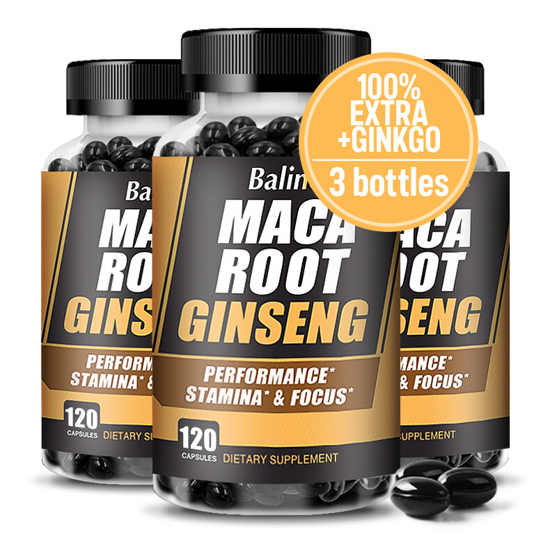 Cápsulas de raíz de Maca (que contienen maca negra) + Extracto de ginseng rojo para mujeres y hombres, salud reproductora y energía natural suppl