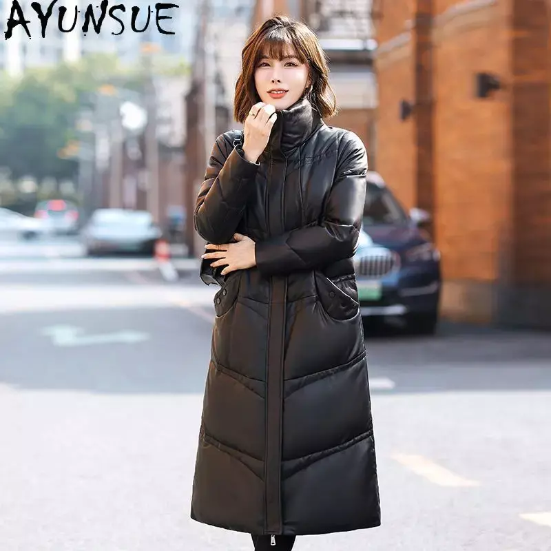 AYUNSUE-Chaqueta de piel auténtica para mujer, abrigos largos de plumón con cuello levantado, abrigo informal de piel de oveja auténtica, alta calidad, invierno, 2023