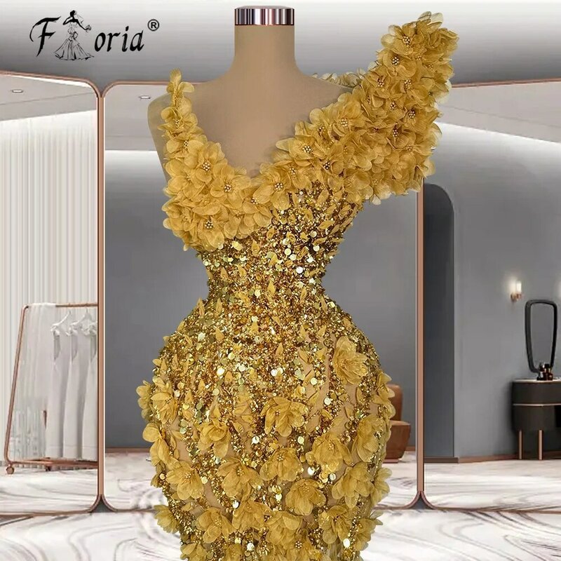 Vestido Gala Luxus Perlen Meerjungfrau Abendkleider Baumwolle Gold Kristall Dubai Applikationen Party Ballkleid Robe Pailletée Femme Soirée
