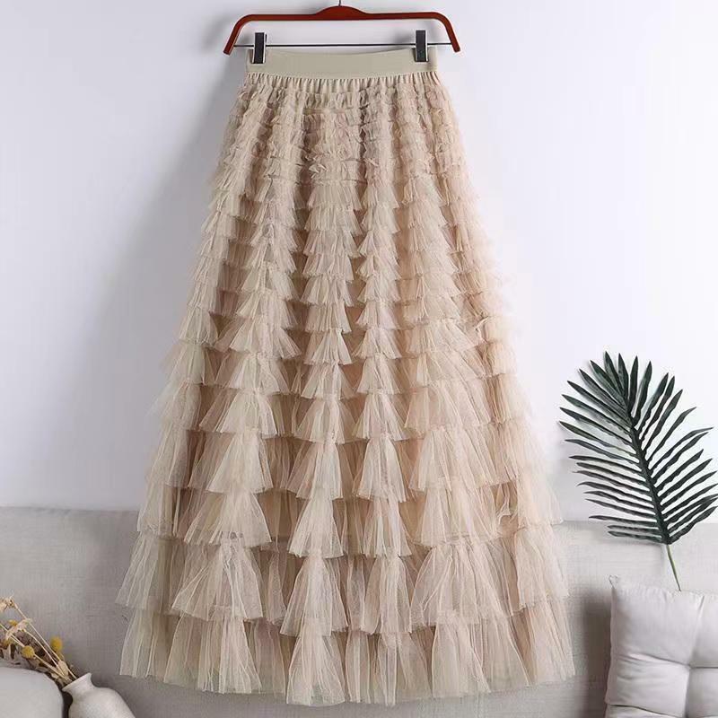 Summer Woman Tutu Skirts Female Elegant Cascading A Line Long Skirt Pleated Mesh Party High Waist Skirt Ladies Long Skirts Q925
