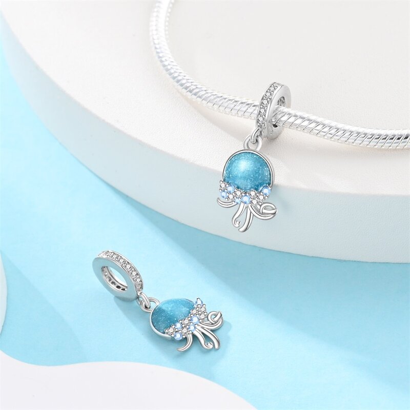 925 Sterling Silver Charme Fit para pulseira pandora, requintado medusa azul, oceano azul, espumante, namoro, acessórios de jóias, mulheres