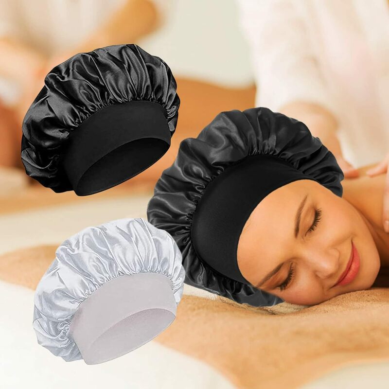 Mulheres cetim abas largas chapéu de dormir, unisex cabeça envoltório, faixa elástica boné, cuidados com os cabelos gorro, noite chapéu, monocromático