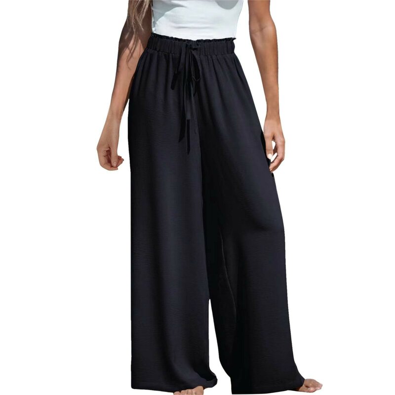 Pantalones informales de pierna ancha para mujer, pantalón largo elegante de Color liso, con cordón, 2024