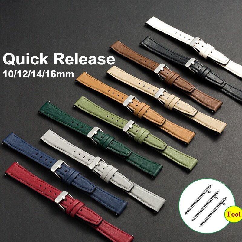 Quick Release Genuine Leather Watch Band Soft Leather Bracelet Silicone Wristbelt 10/12/14/16mm Watch Band Universal Watchband