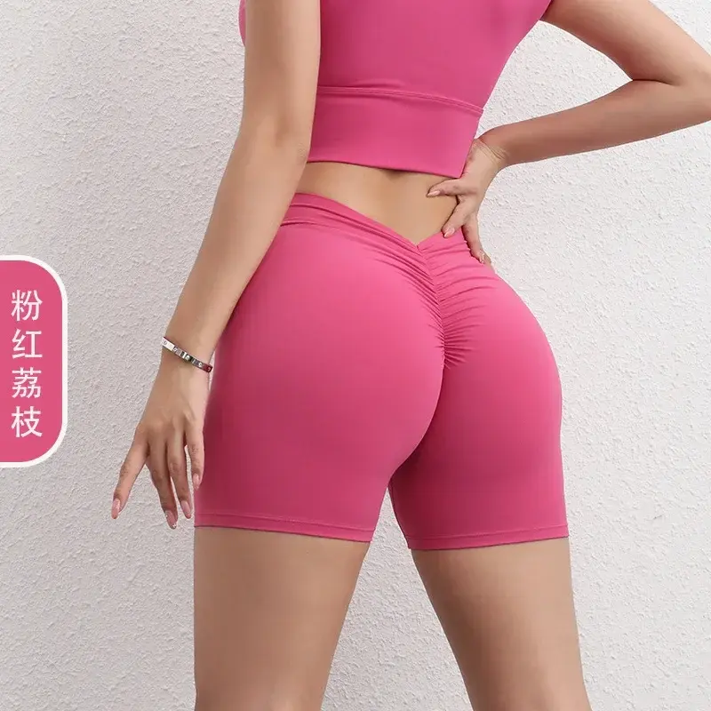 Pantalones de Yoga con escote en V para mujer, pantalones sexys de tres puntos con levantamiento de cadera, melocotones y caderas, sin líneas bochornosas, pantalones de Fitness Nude
