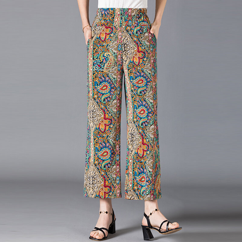Summer Wide Leg Pants Women Vintage Pants 2022 Korean Casual Bohemian Ankle-Length High Waist Trousers with Sashes Loose Bottoms
