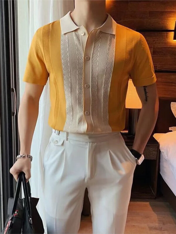 2022 estate Casual Slim manica corta polo camicia da uomo moda lavorata a maglia a righe Patchwork camicie da uomo colletto rovesciato abbottonato top