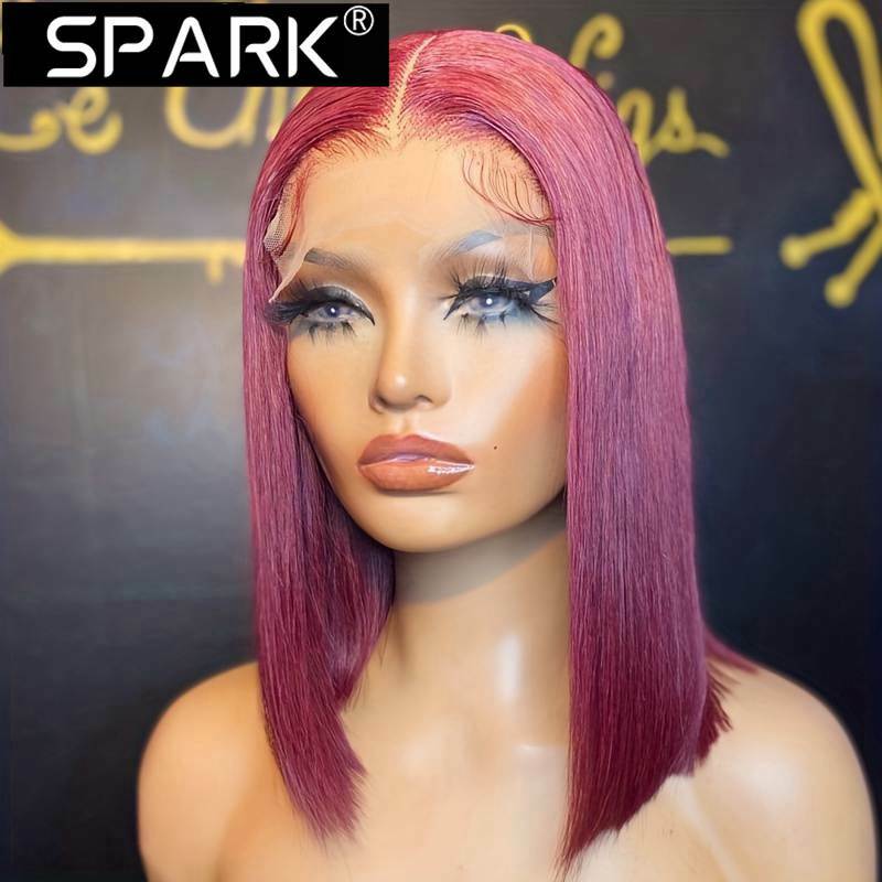 SPARK 99j Burgundy Lace Front Bob Wig 100% Human Hair Pre Plucked 13x4 Lace Front Wine Red Short Straight Bob Wig 8-16 Inch