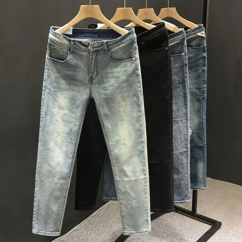 Jeans vintage retrô stretch masculino, slim fit, jeans de luxo, estilo coreano, moda, primavera e outono