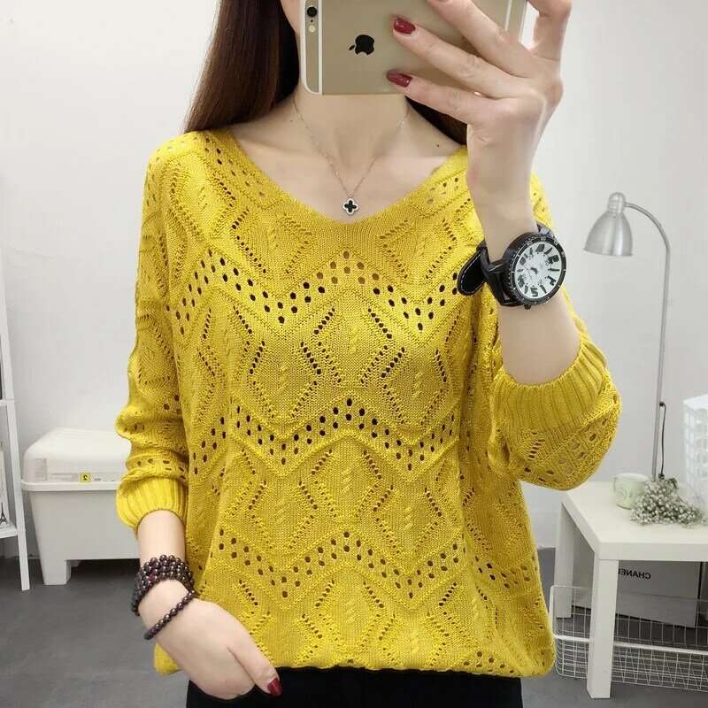 Women Summer V-neck Hollow Out Knitted Pullover Tops Long Sleeve Fashion Ladies Pull Jumpers