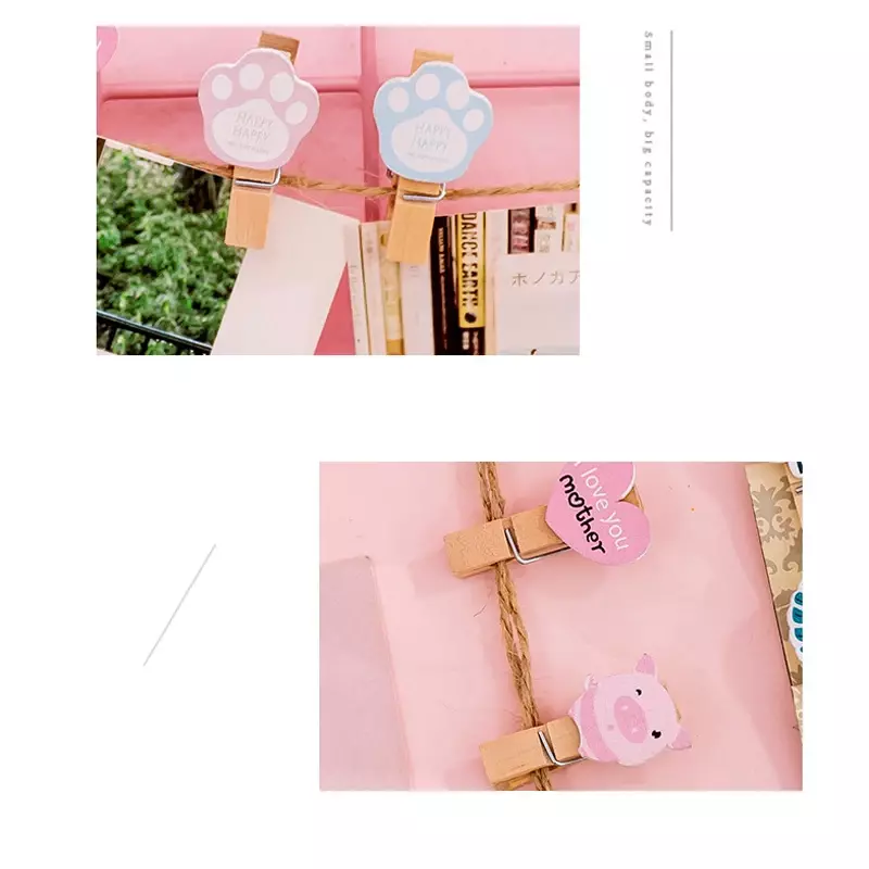 소녀 하트 네트 레드 빨랫줄 공예 장식 클립, 천연 나무 클립, 벽 장식 대마 로프 사진, 팩당 10 개