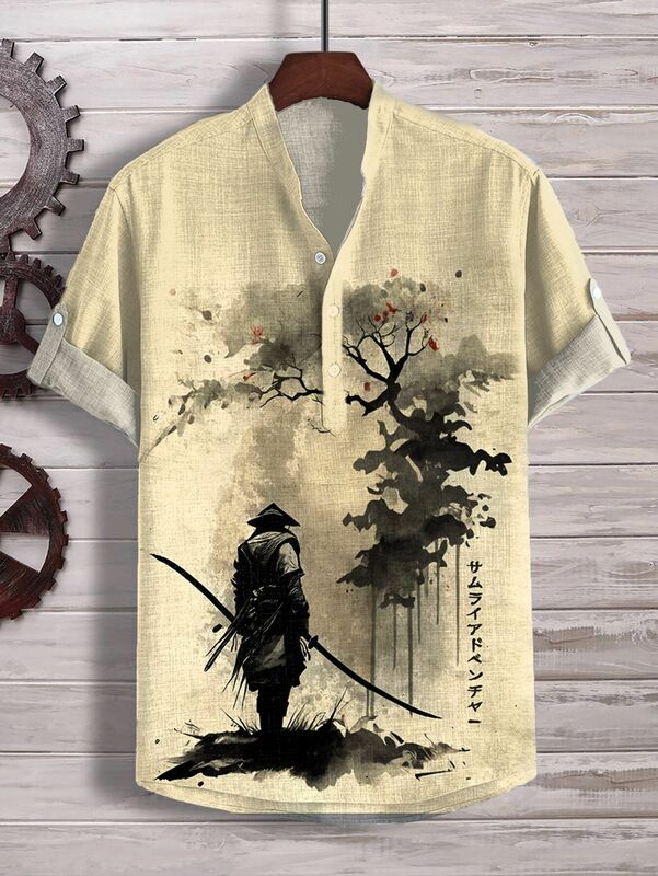 Camisa de manga corta con cuello en V y estampado de ondas, camiseta suelta informal de moda de comercio exterior, camisa de lino de bambú, top