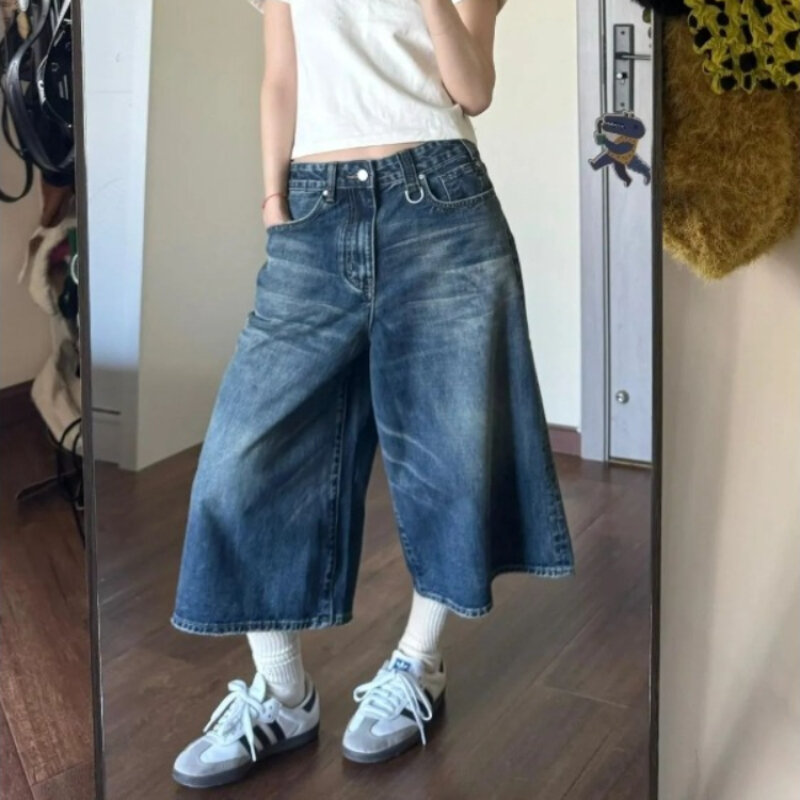 QWEEK Baggy Y2k Jorts Vintage luźne spodenki do kolan dżinsy Streetwear ponadgabarytowe spodnie dżinsowe z szeroką nogawką ameryka spodnie typu casual
