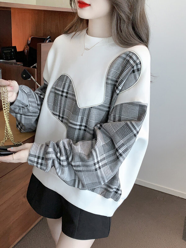 Women Thick Fleece Sweatshirts Loose Casual Patchwork Plaid White Pullovers O-Neck Long Sleeve Full Winter Hoodie Jumper Female