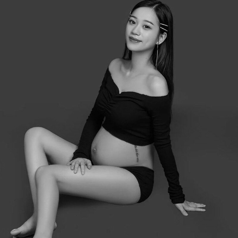 2pcs Maternity Photography Set Sexy Turtleneck Solid Color Pregnant Top+shorts Pregnancy Photo Shoot Props Fitting Basic Tops