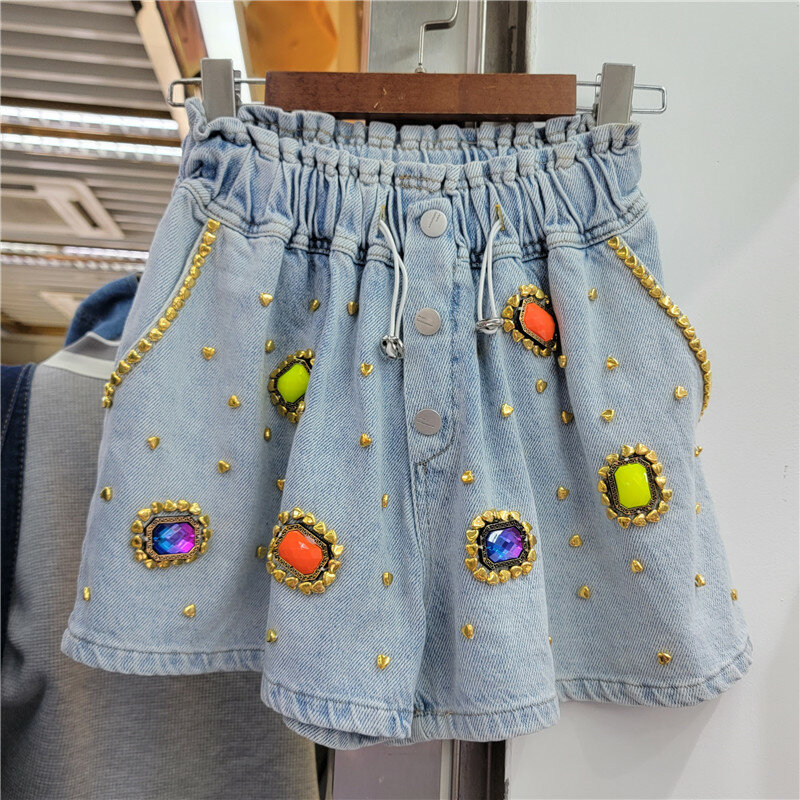 Pantalones cortos vaqueros con cuentas de diamantes de imitación para mujer, Shorts de cintura alta para adelgazar, pierna ancha, primavera y verano, 2023