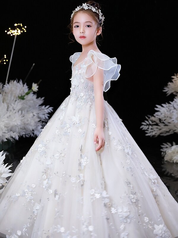 Nowa sukienka dziecięca, suknia ślubna kwiatowa dziewczyna, mała dziewczynka hosting, puszysta sukienka księżniczki, sukienka na występy pokazowy na wybiegu