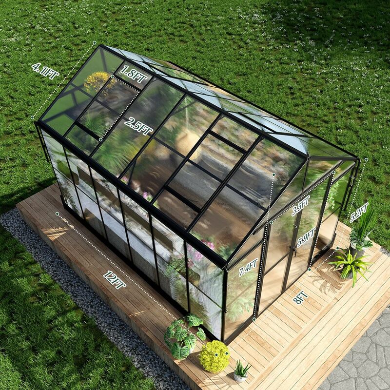 8x12/16x7.5 FT Polycarbonate Greenhouse Double Swing Doors 4 Vents 5.2FT Added Wall Height, Walk-in Large Aluminum