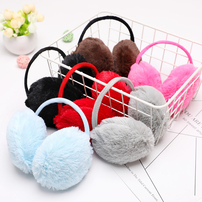 Women Girl Winter Warm Earmuffs Fluffy Fold Burger Shape Plush Fur Headphones Solid Color Outdoor Cold Protection Ear Cover 2023