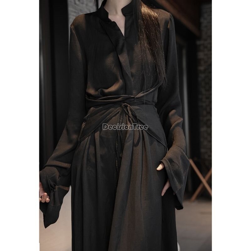 2024 темпераментное однотонное улучшенное платье ханьфу в китайском стиле со шнуровкой на талии и длинными рукавами, элегантное чайное платье в стиле ретро