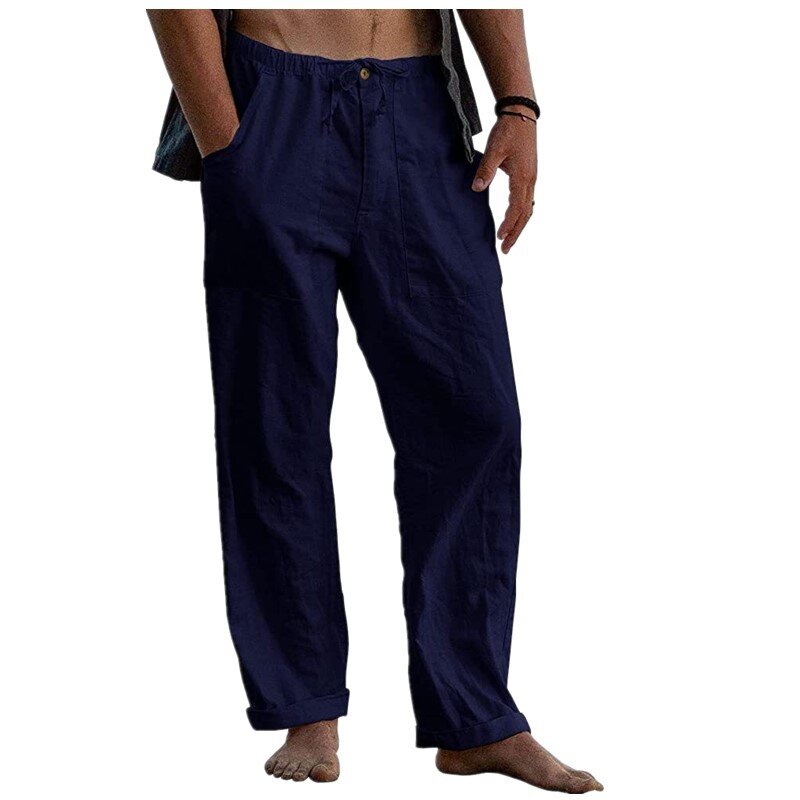 2024 men's linen trousers yoga beach loose casual summer elastic waist drawstring loose belt pocket