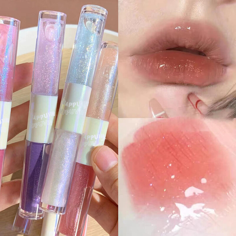 Water Gloss Mirror Lip Gloss Lip Glaze Double-End Liquid Lipstick Not Fade Lip Tint Lasting Moisturizing Lip Gloss For Women