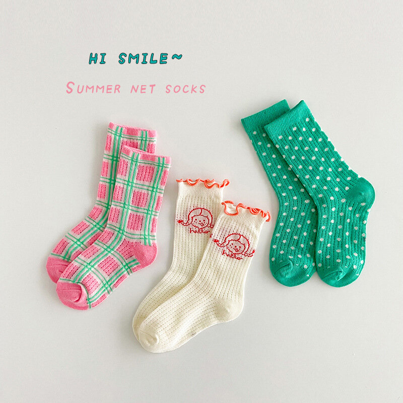 Calcetines de malla hasta la pantorrilla para niños y niñas, medias de lunares, primavera y verano, 3 pares por bolsa